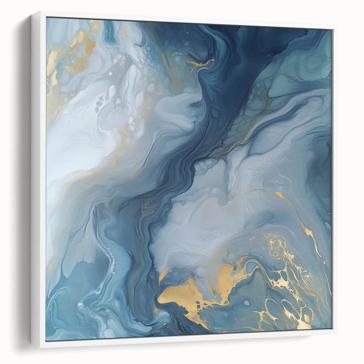 Fluid Abstract Canvas Art – Navy, Gray & Gold Marble-Inspired Flow