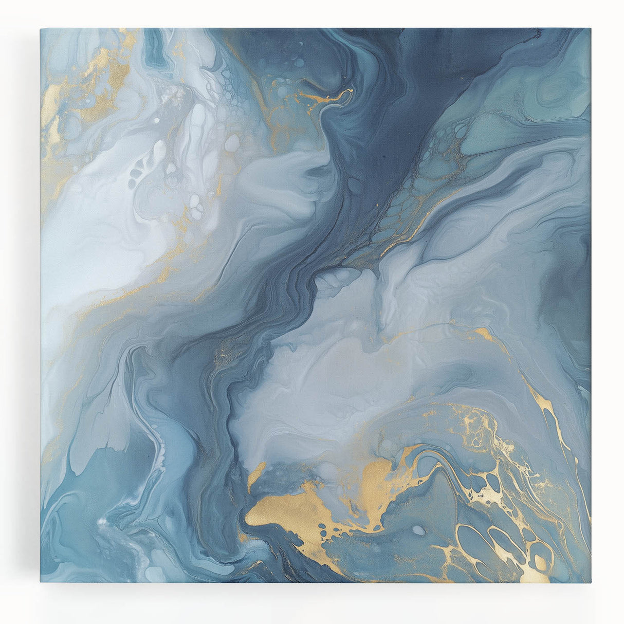 Fluid Abstract Canvas Art – Navy, Gray & Gold Marble-Inspired Flow