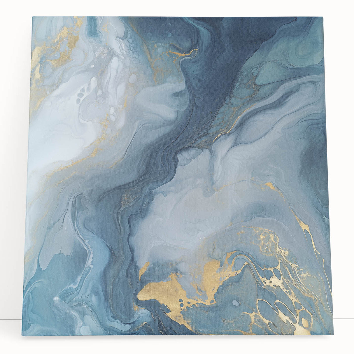 Fluid Abstract Canvas Art – Navy, Gray & Gold Marble-Inspired Flow