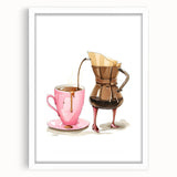 Abstract art print featuring swirls of blue and green on a white framed canvas, ideal for dining room decor.