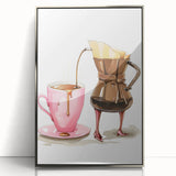 Mid-century modernist art depicting food and drinks in muted colors on a large framed acrylic print.