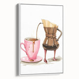 Vintage poster art of assorted colorful drinks on a white framed canvas, ideal for living room decor.