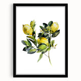 Extra large abstract art print featuring colorful, textured fruits, framed in black, ideal for living room decor.
