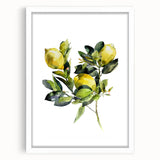 Abstract art print featuring assorted fruits in vibrant colors on a white framed mat, ideal for dining room decor.