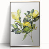 Large art print of assorted fruits in mid-century modernist style, framed in gold acrylic, ideal for modern kitchen decor.