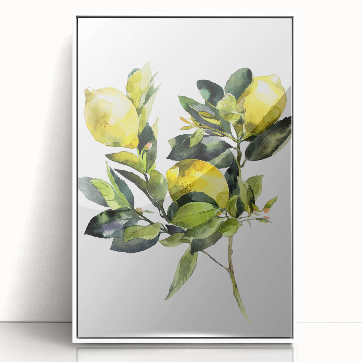 Art Deco style poster of assorted fruits in vibrant colors, framed in white acrylic, suitable for modern kitchen decor.