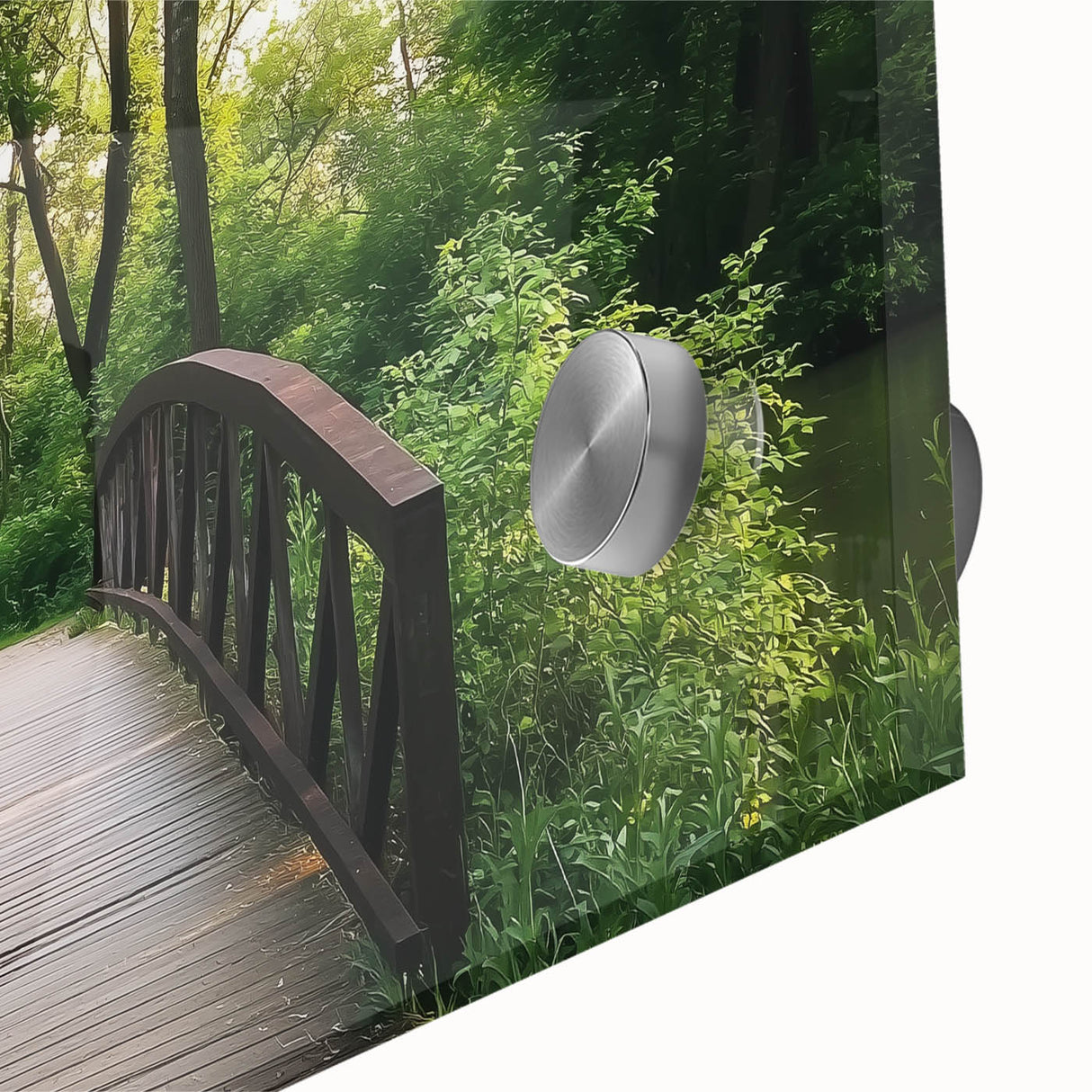 Close-up of a vibrant landscape bridge design printed on acrylic glass, showcasing intricate details and vivid colors, ideal for modern home decor.