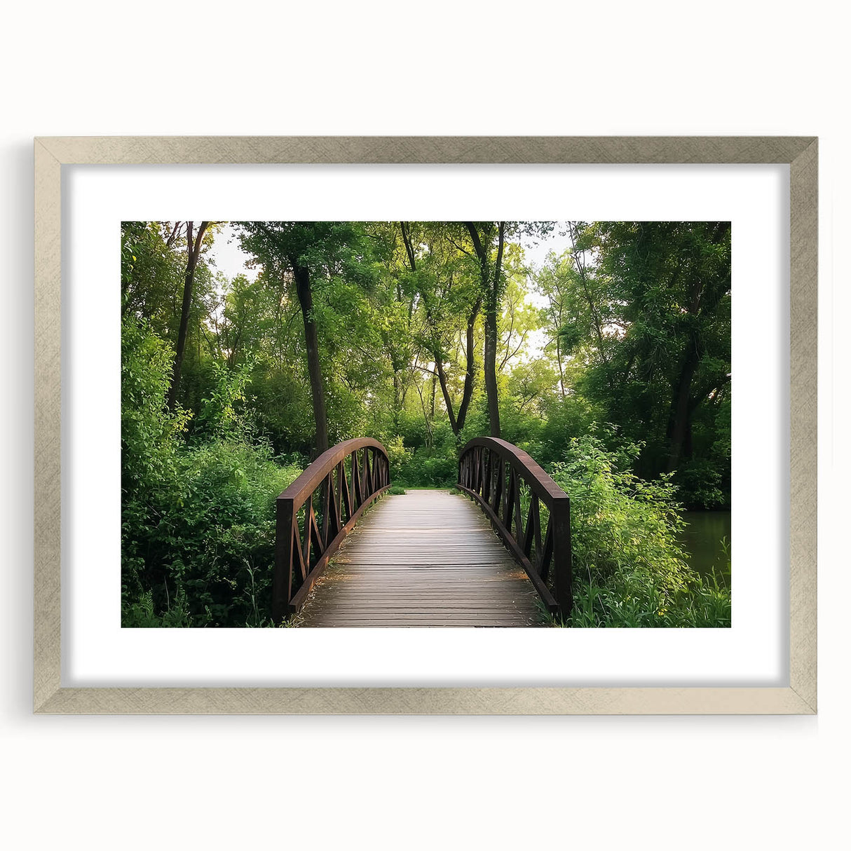 Silver landscape bridge frame with mat, showcasing a modern design, ideal for highlighting artwork or photography in home decor. Front view emphasizes sleek aesthetics and versatility for various interiors.