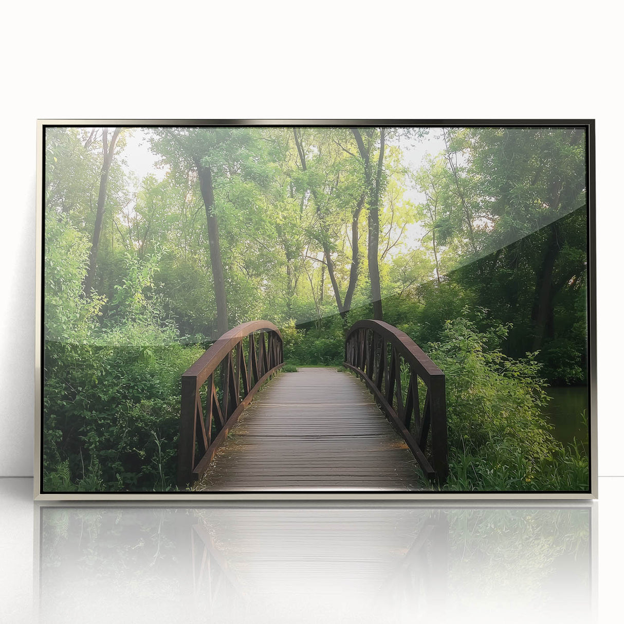 Framed acrylic artwork showcasing a stunning landscape bridge scene, featuring vibrant colors and intricate details, perfect for enhancing home decor.