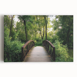 Stretched canvas artwork depicting a vibrant landscape bridge scene, showcasing rich greens and blues with detailed textures, perfect for home or office decor.