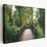 Landscape canvas artwork showcasing a serene bridge scene, featuring vibrant greenery and tranquil water reflections, ideal for home decor or art enthusiasts.