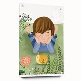 Calm Boys Room Wall Art – Child Relaxing with Snail and Flowers