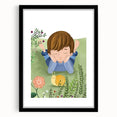 Calm Boys Room Wall Art – Child Relaxing with Snail and Flowers