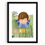Calm Boys Room Wall Art – Child Relaxing with Snail and Flowers
