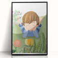 Calm Boys Room Wall Art – Child Relaxing with Snail and Flowers