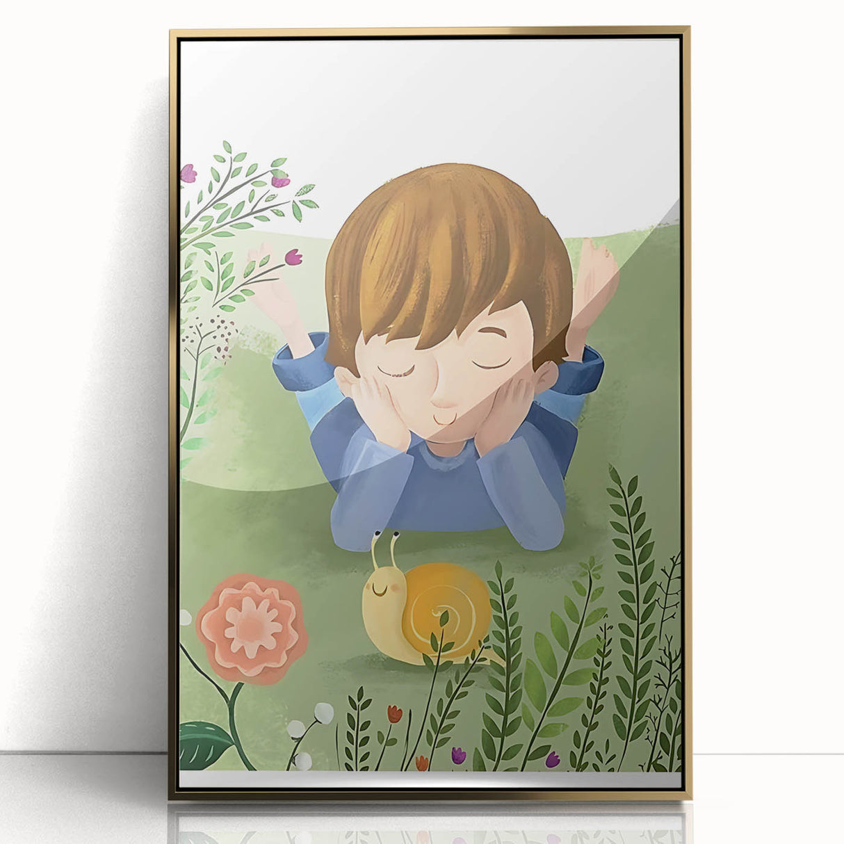 Calm Boys Room Wall Art – Child Relaxing with Snail and Flowers