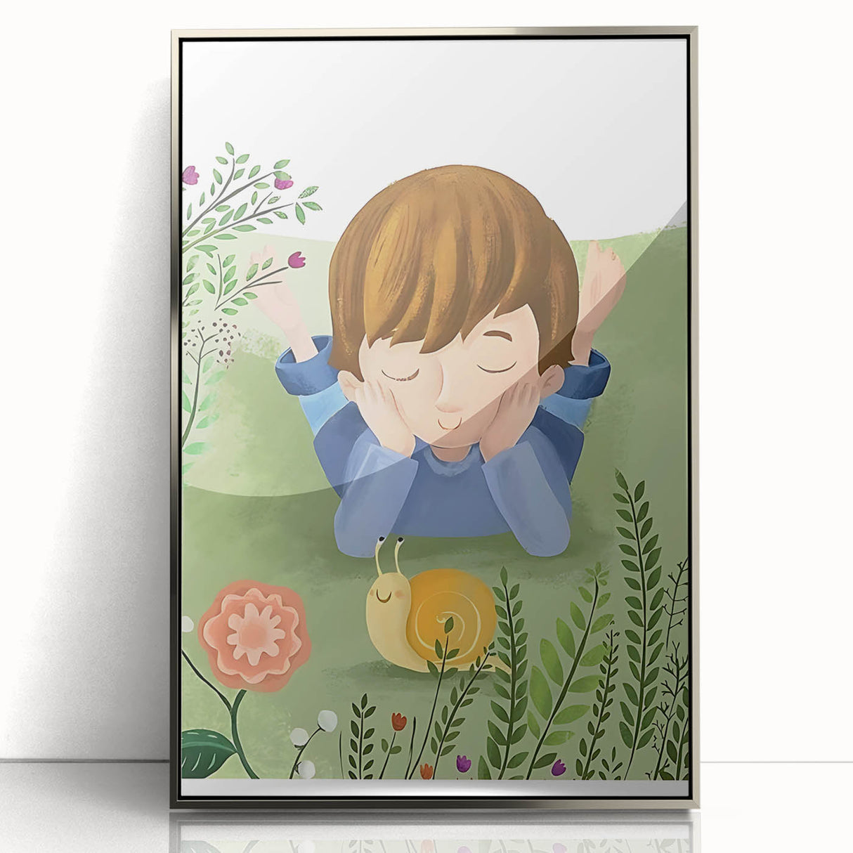 Calm Boys Room Wall Art – Child Relaxing with Snail and Flowers