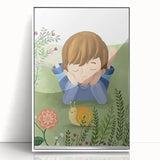 Calm Boys Room Wall Art – Child Relaxing with Snail and Flowers