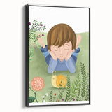 Calm Boys Room Wall Art – Child Relaxing with Snail and Flowers