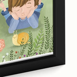 Calm Boys Room Wall Art – Child Relaxing with Snail and Flowers
