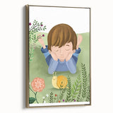 Calm Boys Room Wall Art – Child Relaxing with Snail and Flowers