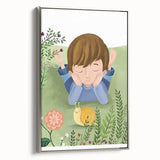Calm Boys Room Wall Art – Child Relaxing with Snail and Flowers