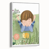 Calm Boys Room Wall Art – Child Relaxing with Snail and Flowers