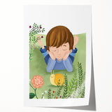 Calm Boys Room Wall Art – Child Relaxing with Snail and Flowers
