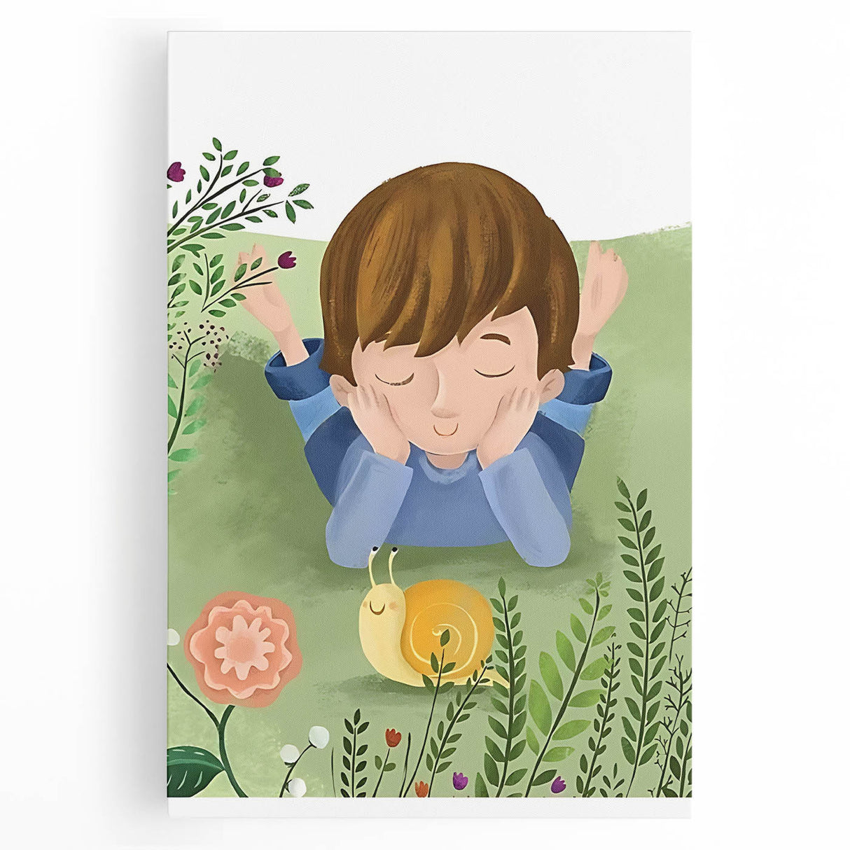 Calm Boys Room Wall Art – Child Relaxing with Snail and Flowers