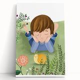 Calm Boys Room Wall Art – Child Relaxing with Snail and Flowers