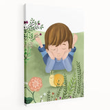 Calm Boys Room Wall Art – Child Relaxing with Snail and Flowers