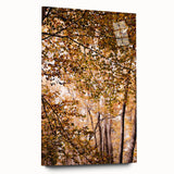 Large abstract wall art on acrylic glass depicting swirling autumn hues, ideal for bedroom or dining room decor.