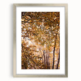 Textured abstract art print in autumnal hues on a silver-framed canvas, suitable for bedroom decor.