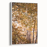 Vintage poster art of autumn trees on extra large framed canvas, with vibrant red and orange leaves.