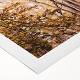 Art deco poster featuring autumnal trees in vibrant orange and red hues on rolled canvas, suitable for dining room decor.