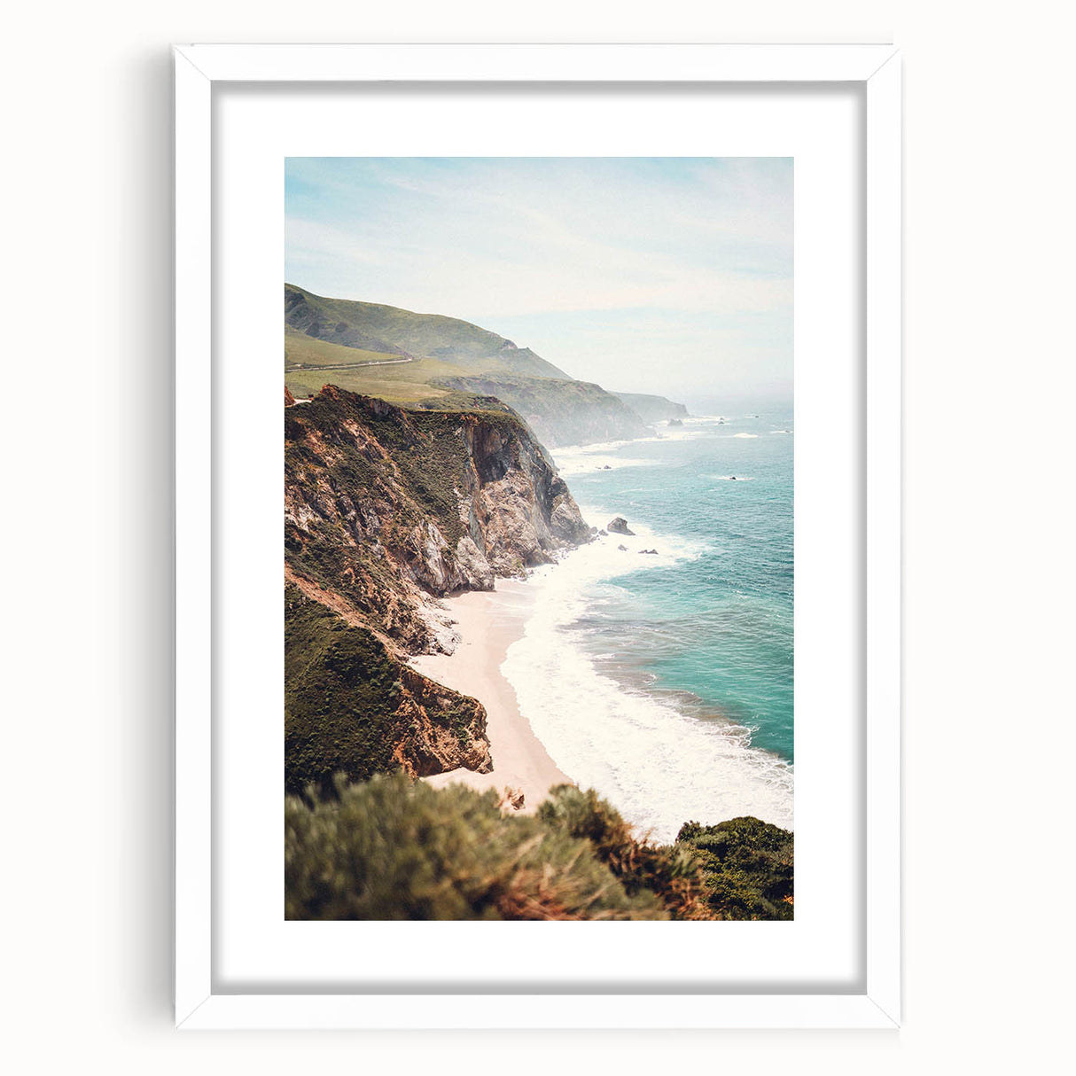 Abstract art print featuring swirls of blue and green tones on a white framed canvas, suitable for dining room decor.