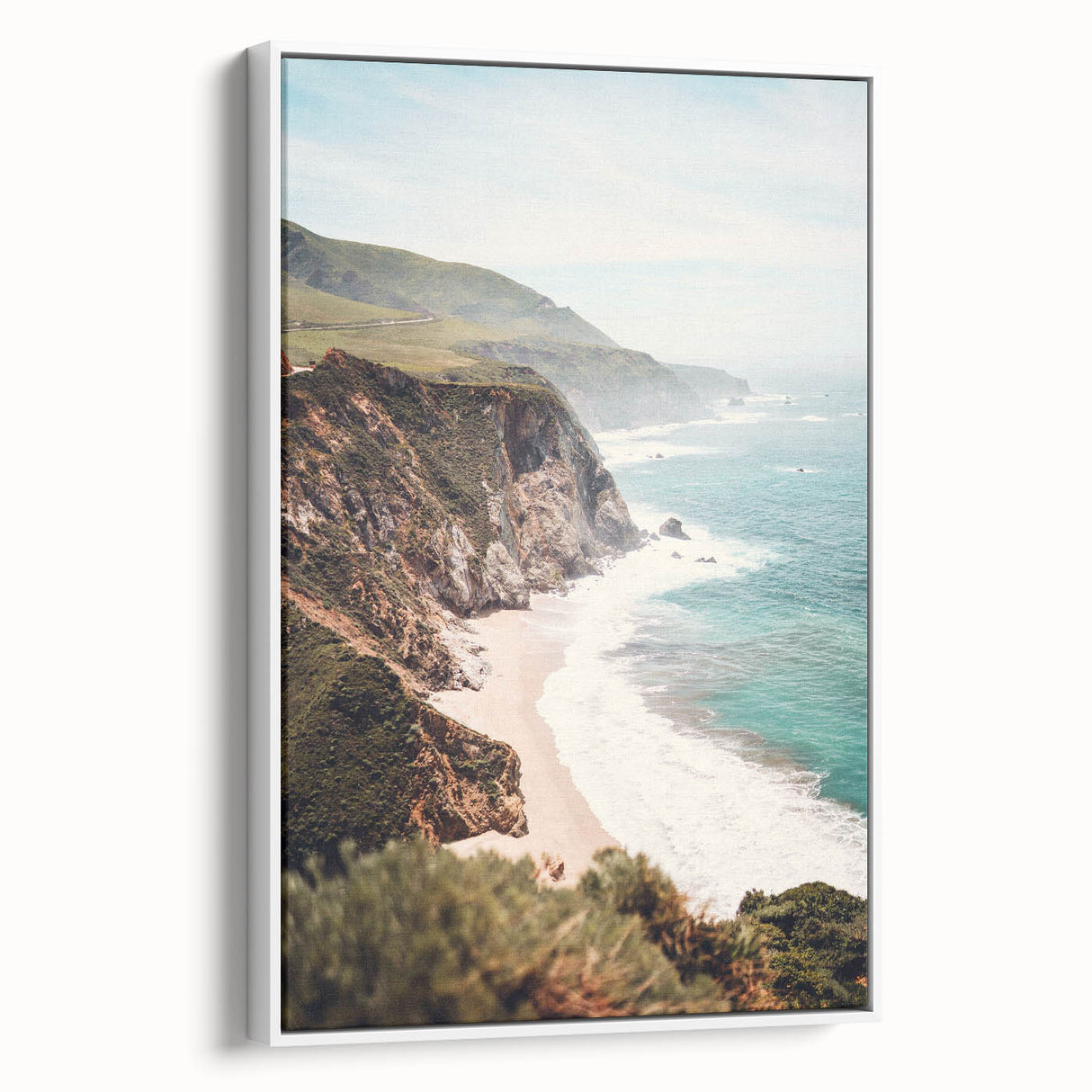 Vintage poster art of a summer scene in vibrant colors on a large framed canvas, suitable for living room decor.