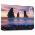 Acrylic landscape artwork showcasing dramatic cliffs in vibrant colors, displayed in a sleek glass frame, ideal for modern home decor. Perfect for enhancing interior aesthetics with a touch of natural beauty.