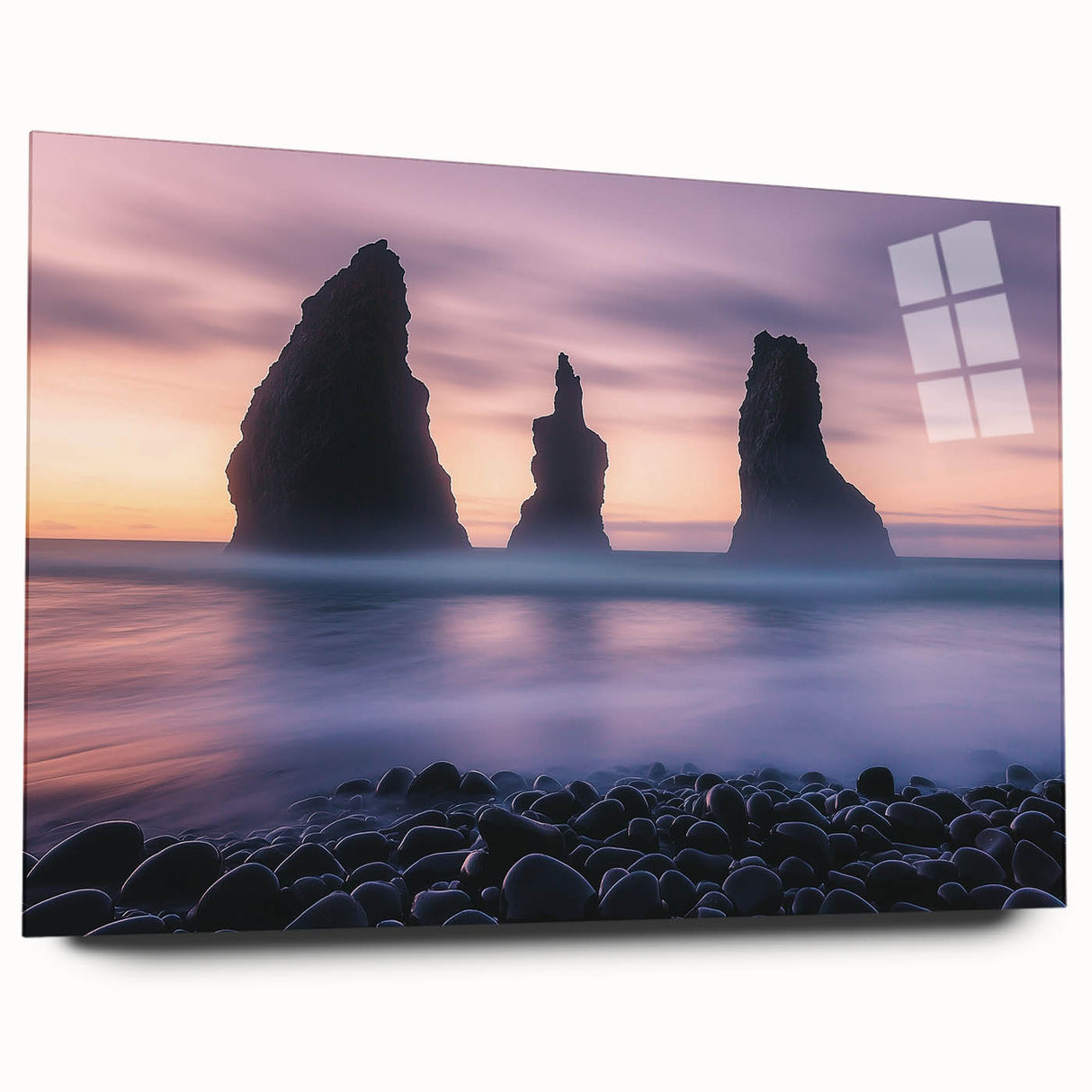 Acrylic glass artwork showcasing a stunning side view of dramatic cliffs, featuring vibrant colors and intricate details, ideal for landscape enthusiasts and modern decor.