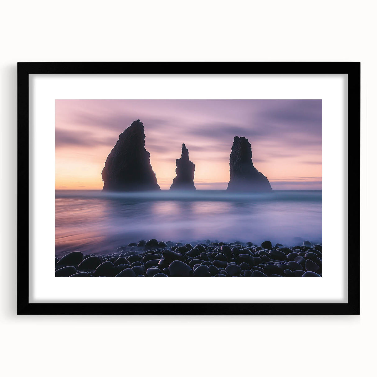 Framed black landscape artwork depicting dramatic cliffs against a clear sky, showcasing intricate details and textures, ideal for modern decor and nature enthusiasts.