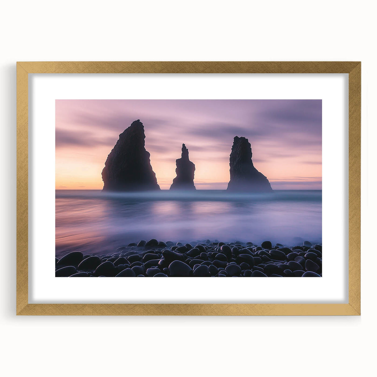 Elegant gold-framed landscape artwork showcasing majestic cliffs, beautifully matted for a refined presentation, ideal for enhancing home decor.