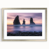 Framed landscape artwork showcasing dramatic cliffs with a silver mat and frame, perfect for enhancing modern home decor, available in various sizes.