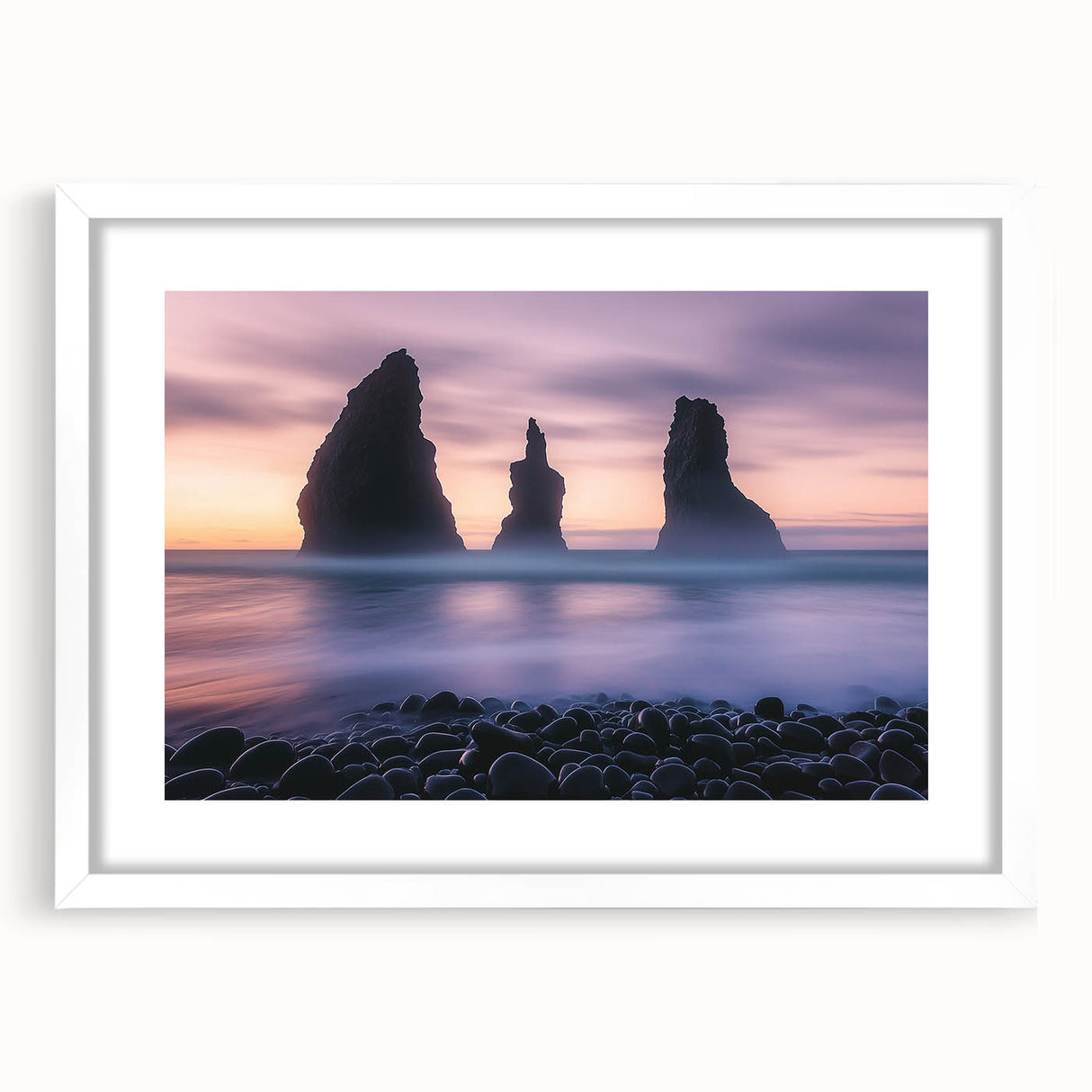 Framed landscape artwork showcasing dramatic cliffs with vibrant colors, elegantly matted in white, perfect for enhancing modern home decor and interior design.