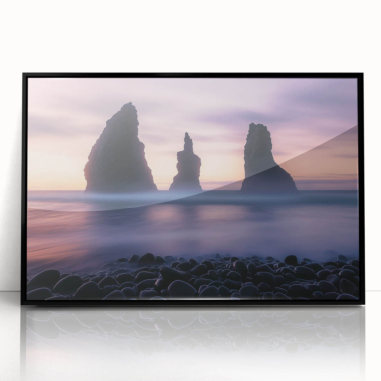 Framed acrylic artwork depicting dramatic cliffs and landscapes in vibrant colors, set against a sleek black frame, ideal for modern home decor.
