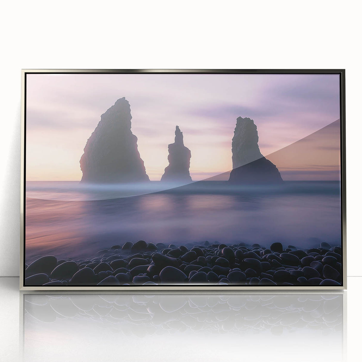 Framed acrylic artwork showcasing stunning silver cliffs against a serene landscape backdrop, perfect for modern home decor. Ideal for adding elegance to any interior space.