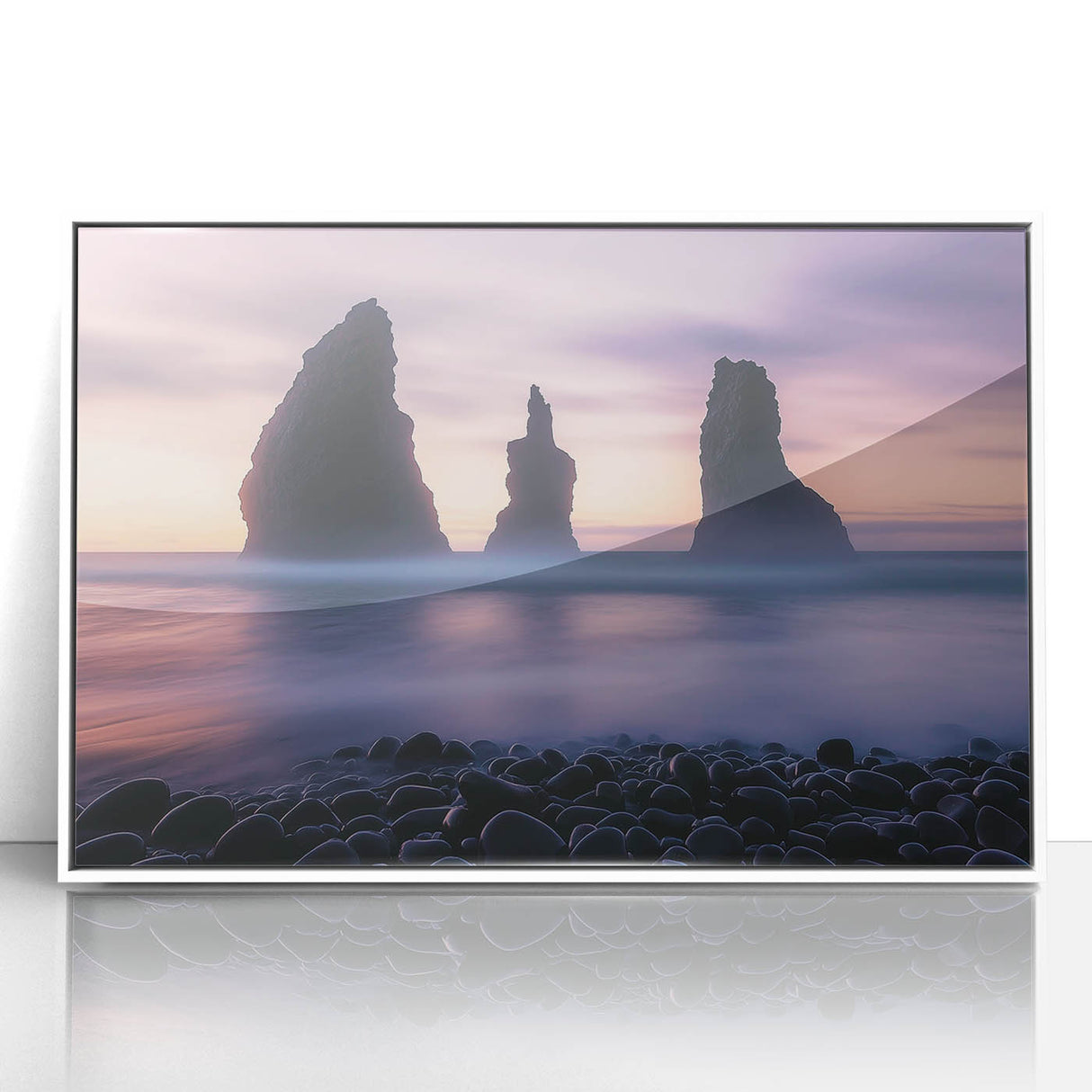 Framed acrylic artwork showcasing a vibrant landscape of cliffs, featuring bold colors and intricate details, set against a sleek white frame, perfect for home decor.