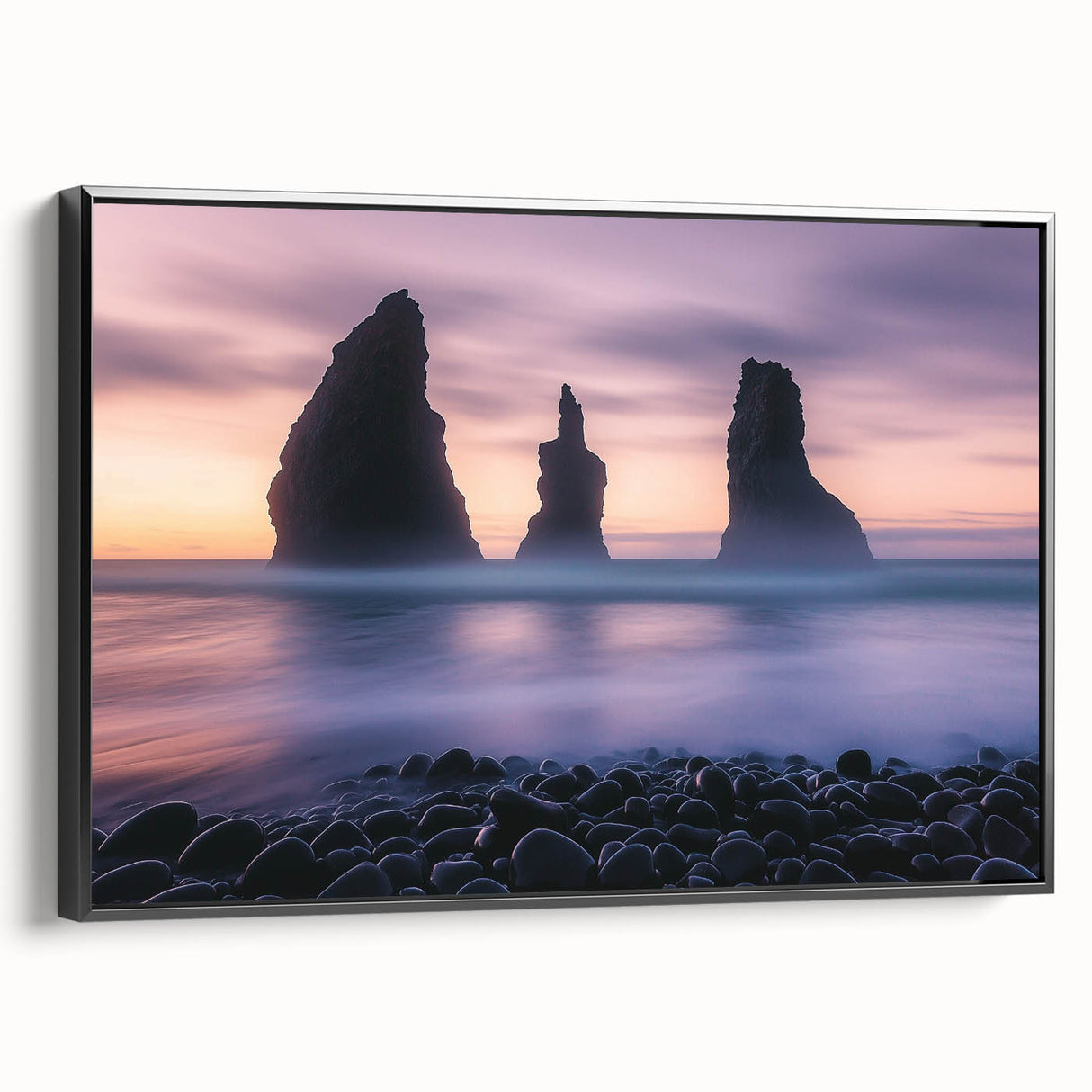 Framed canvas artwork showcasing a stunning cliff landscape with vibrant colors, displayed from a black side view, perfect for home decor enhancement.