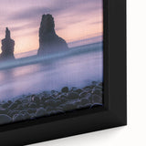 Close-up of a beautiful framed canvas depicting dramatic cliffs and serene landscapes, showcasing vibrant colors and intricate details, perfect for home decor.