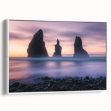Framed canvas artwork showcasing a breathtaking cliff landscape with vibrant colors, displayed in a sleek white frame, adding elegance to any decor.