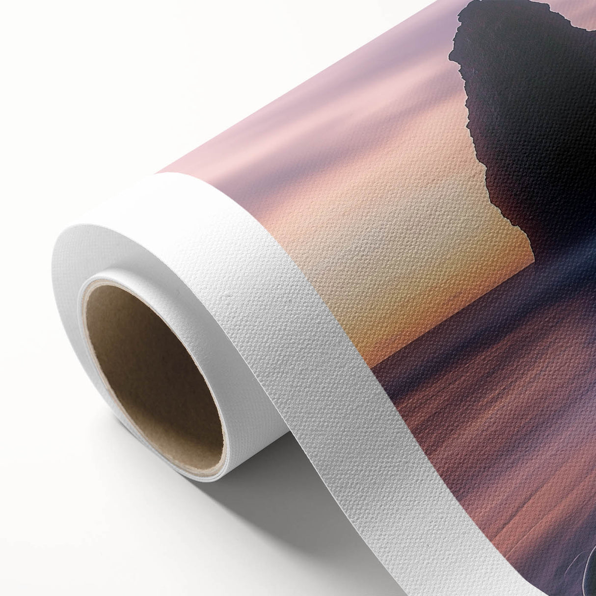 Rolled canvas artwork depicting a stunning landscape of cliffs bathed in sunset hues, featuring rich colors and intricate textures, perfect for home decor accents.